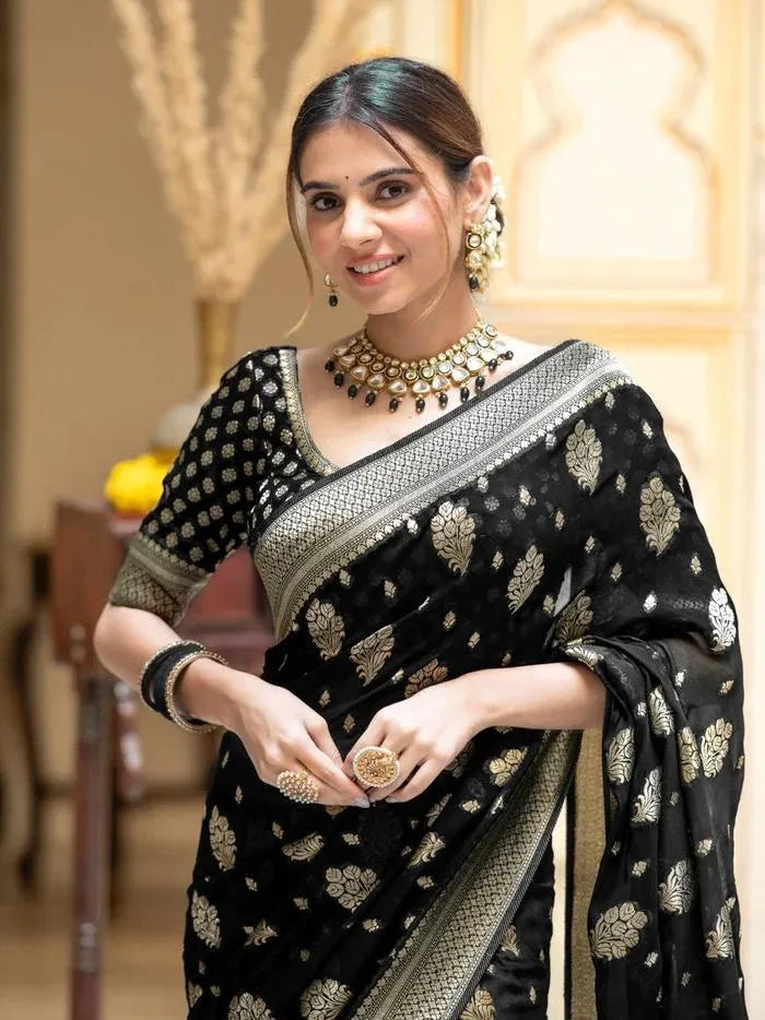 Charming Black Party Wear Saree with Golden Zari Design