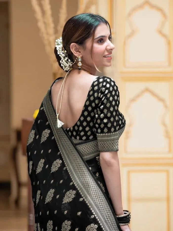 Charming Black Party Wear Saree with Golden Zari Design