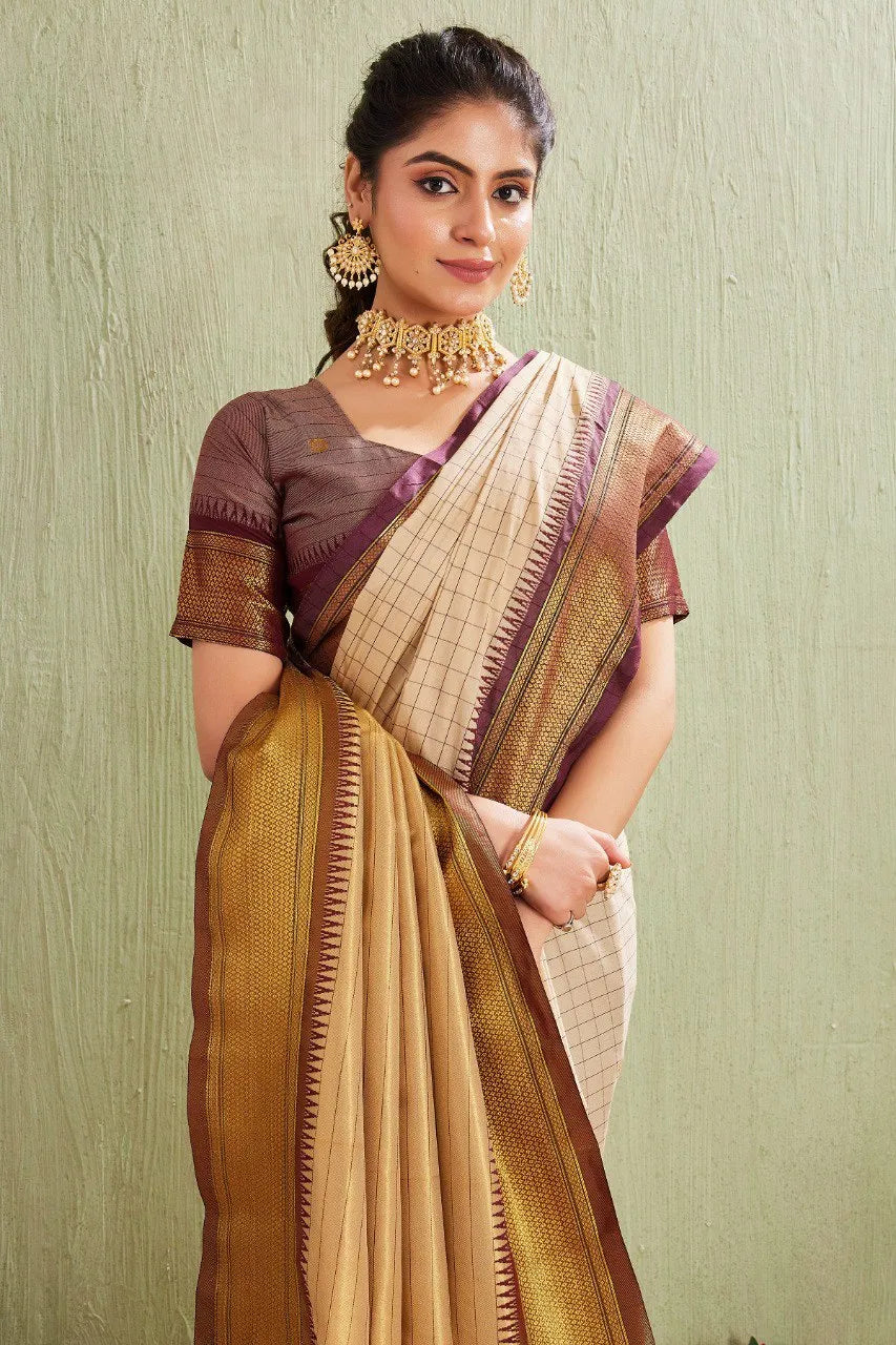 Traditional Kanjivaram Silk Saree with Elegant Checked Zari Design