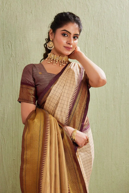 Traditional Kanjivaram Silk Saree with Elegant Checked Zari Design