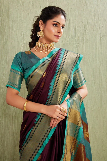 Traditional Kanjivaram Silk Saree with Elegant Checked Zari Design