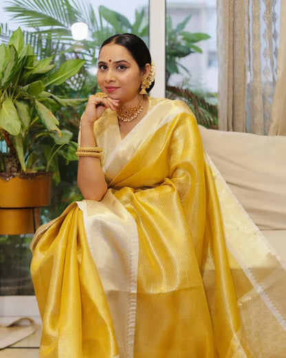 Traditional Yellow Silk Saree with Elegant Golden Zari Weaving