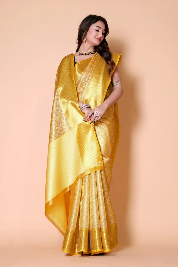Elegant Floral Weave Saree with Rich Zari Border
