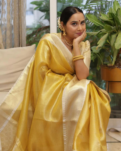 Traditional Yellow Silk Saree with Elegant Golden Zari Weaving