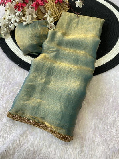 Two Tone Mustard Yellow & Green Velvet Look Saree with Golden Lace Border – Party Wear Trending Saree