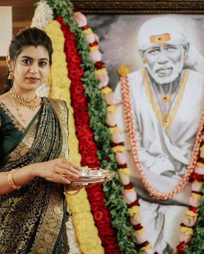 Dark Green Kanjivaram Silk Saree with Golden Zari Work