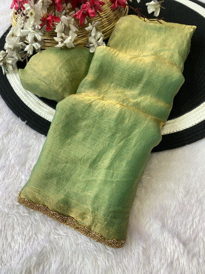 Two Tone Mustard Yellow & Green Velvet Look Saree with Golden Lace Border – Party Wear Trending Saree