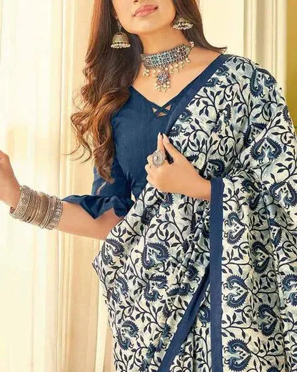 Elegant Navy Blue Printed Cotton Saree with Contrast Border
