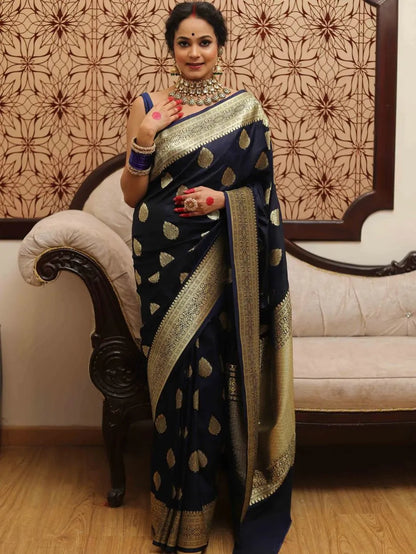 Elegant Navy Blue Kanjivaram Silk Saree with Rich Border