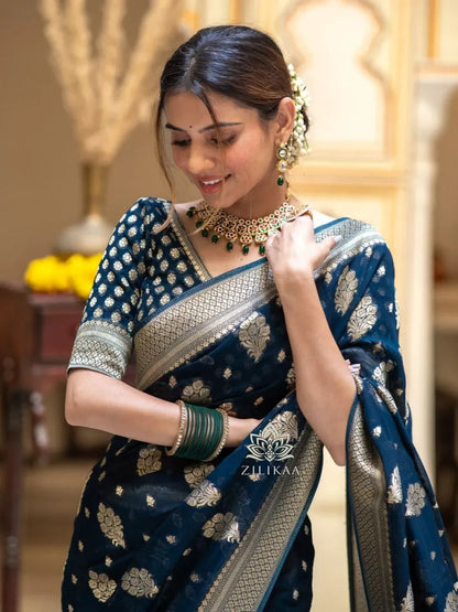 Charming Black Party Wear Saree with Golden Zari Design