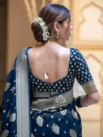 Charming Black Party Wear Saree with Golden Zari Design