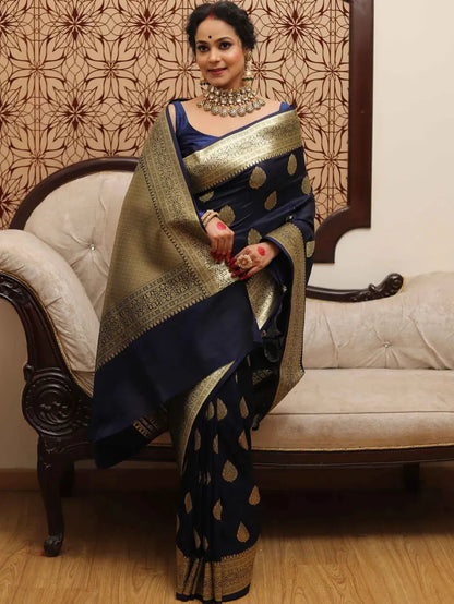 Elegant Navy Blue Kanjivaram Silk Saree with Rich Border