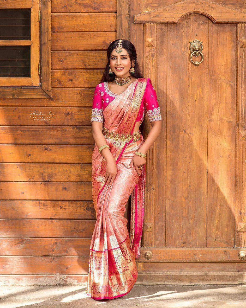 Royal Peach Pink Kanjivaram Silk Saree