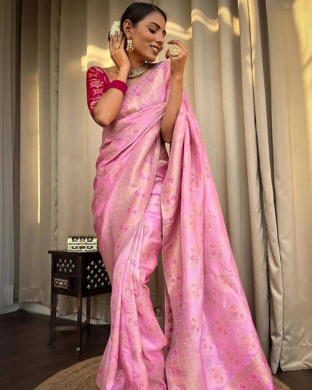 Traditional Banarasi Saree with Floral Golden Motifs