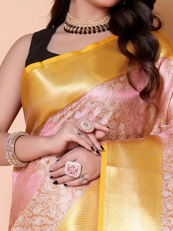 Elegant Floral Weave Saree with Rich Zari Border