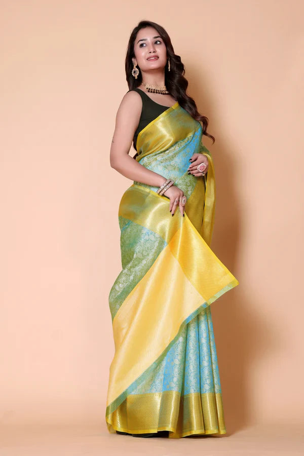 Elegant Floral Weave Saree with Rich Zari Border