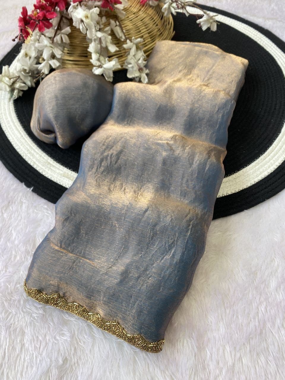 Two Tone Mustard Yellow & Green Velvet Look Saree with Golden Lace Border – Party Wear Trending Saree