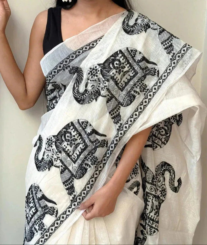 Handloom Cotton Saree with Tribal Elephant Prints