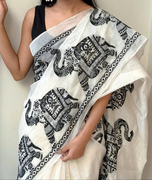Handloom Cotton Saree with Tribal Elephant Prints