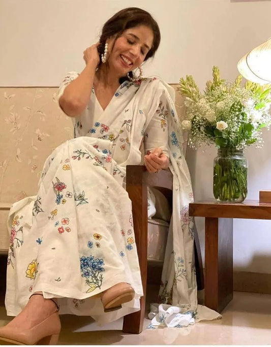Elegant White Linen Saree with Handpainted Floral Prints