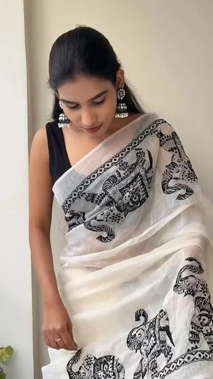Handloom Cotton Saree with Tribal Elephant Prints