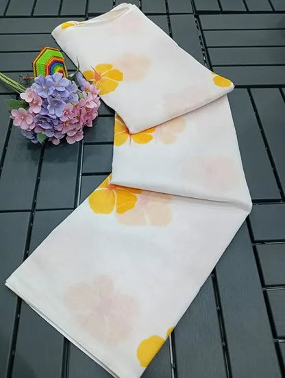 Elegant White Saree with Bright Yellow Floral Prints