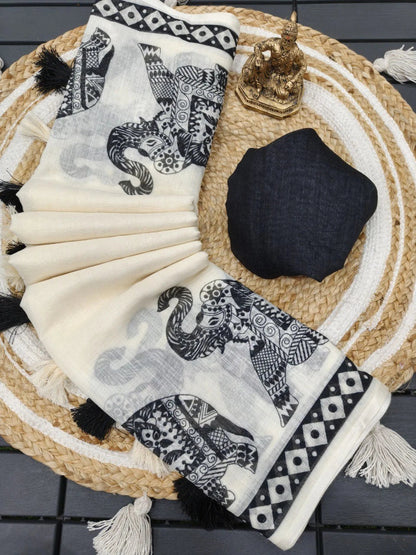 Handloom Cotton Saree with Tribal Elephant Prints