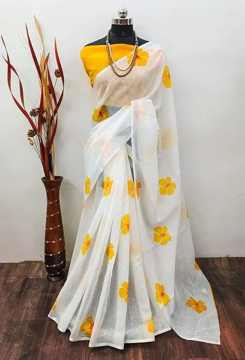 Elegant White Saree with Bright Yellow Floral Prints