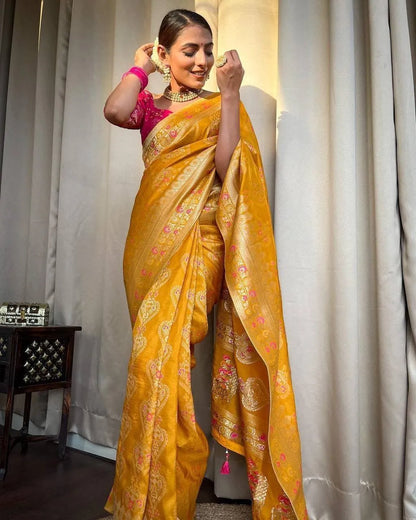 Traditional Banarasi Saree with Floral Golden Motifs