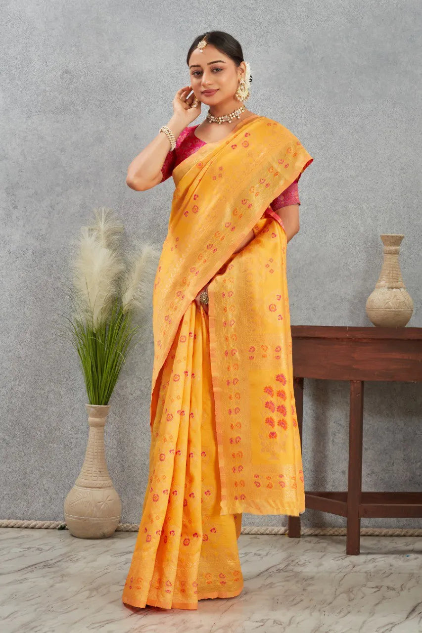 Radiant Banarasi Silk Saree with Delicate Floral Weaving