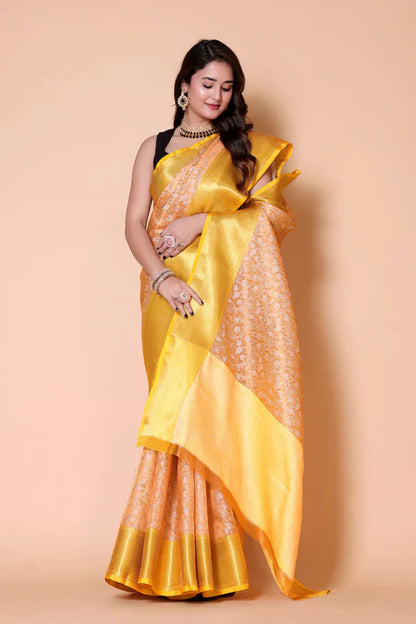 Elegant Floral Weave Saree with Rich Zari Border