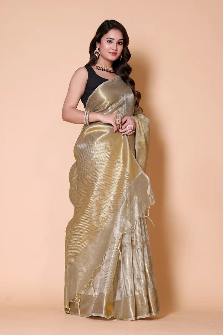 Nayan Tara Wedding Special White Saree with Golden Zari Work