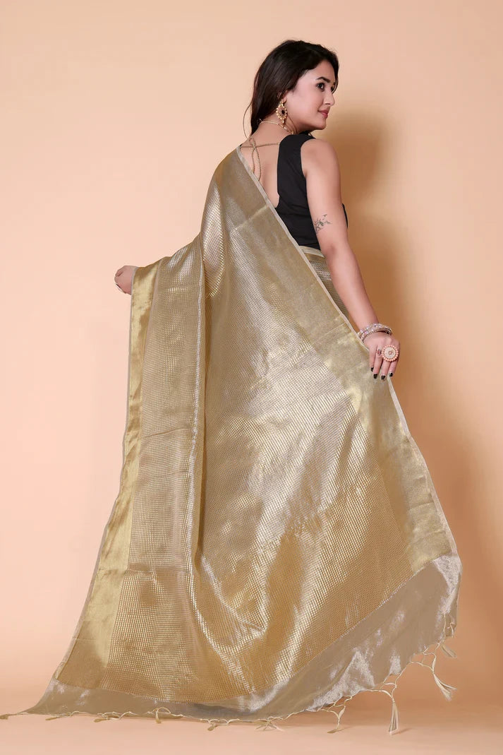 Nayan Tara Wedding Special White Saree with Golden Zari Work